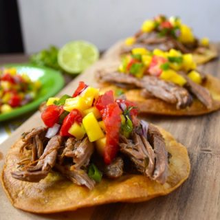 Slow Cooker Shredded Habanero Beef Tostadas with Mango Salsa...finally a good reason to bring out your slow cooker! #glutenfree www.maebells.com