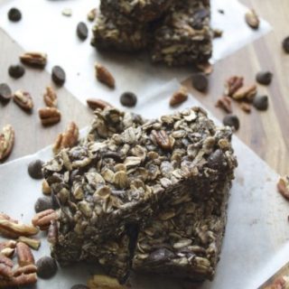 Double Chocolate Protein Bars with Coconut and Pecans. Gluten free, no bake, and delicious! www.maebells.com