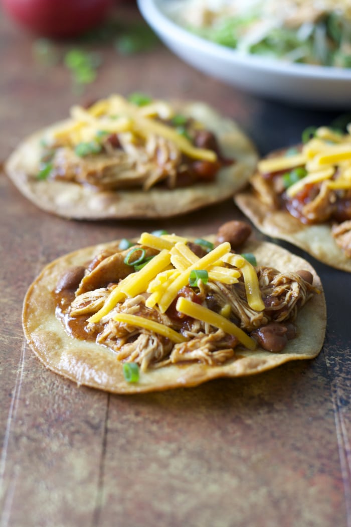 three slow cooker salsa chicken tostadas 