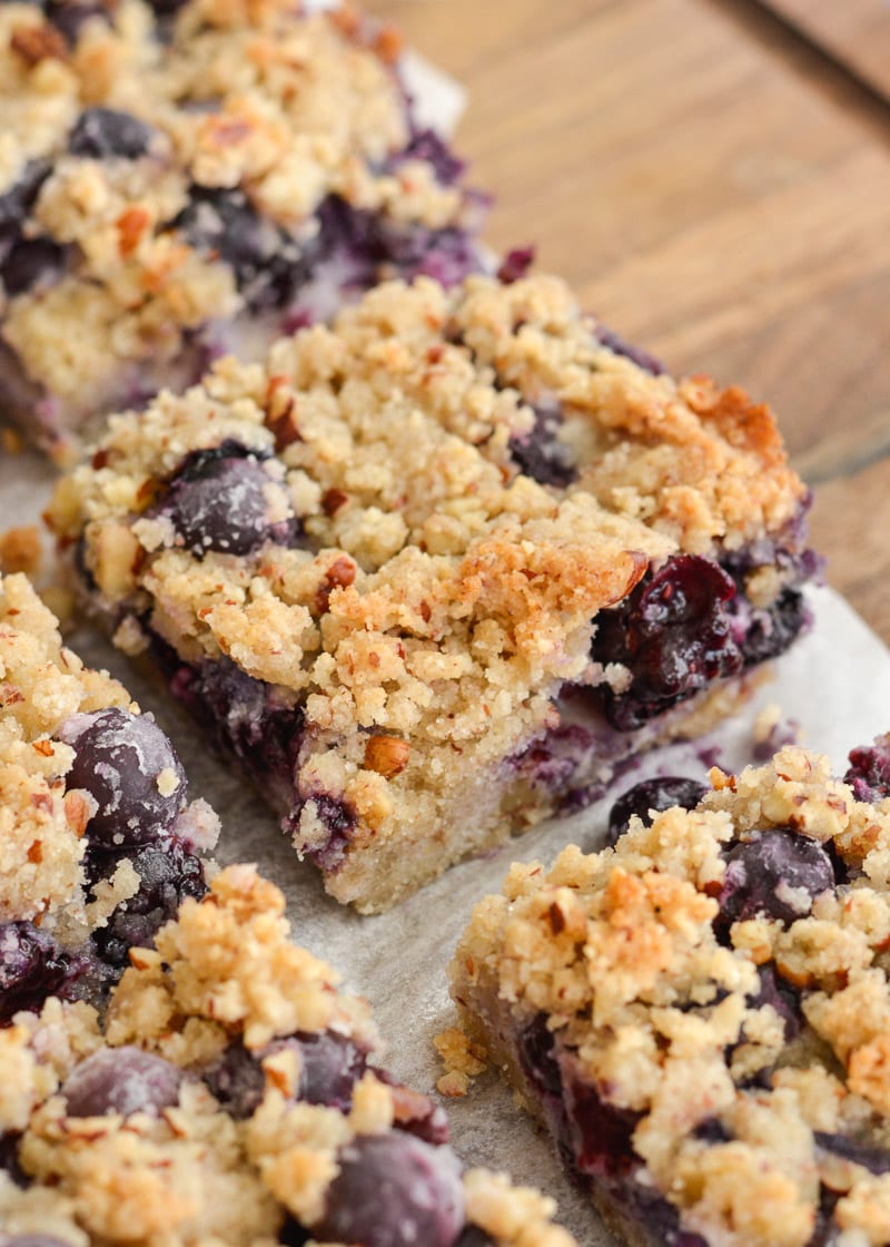 slices of keto blueberry crumble bars on parchment paper 