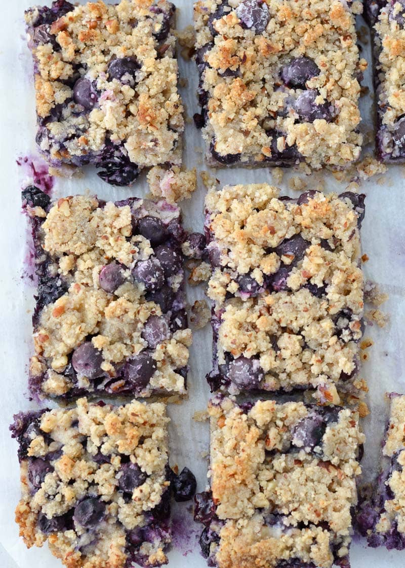 Overhead view of keto blueberry bars, cut into slices. 