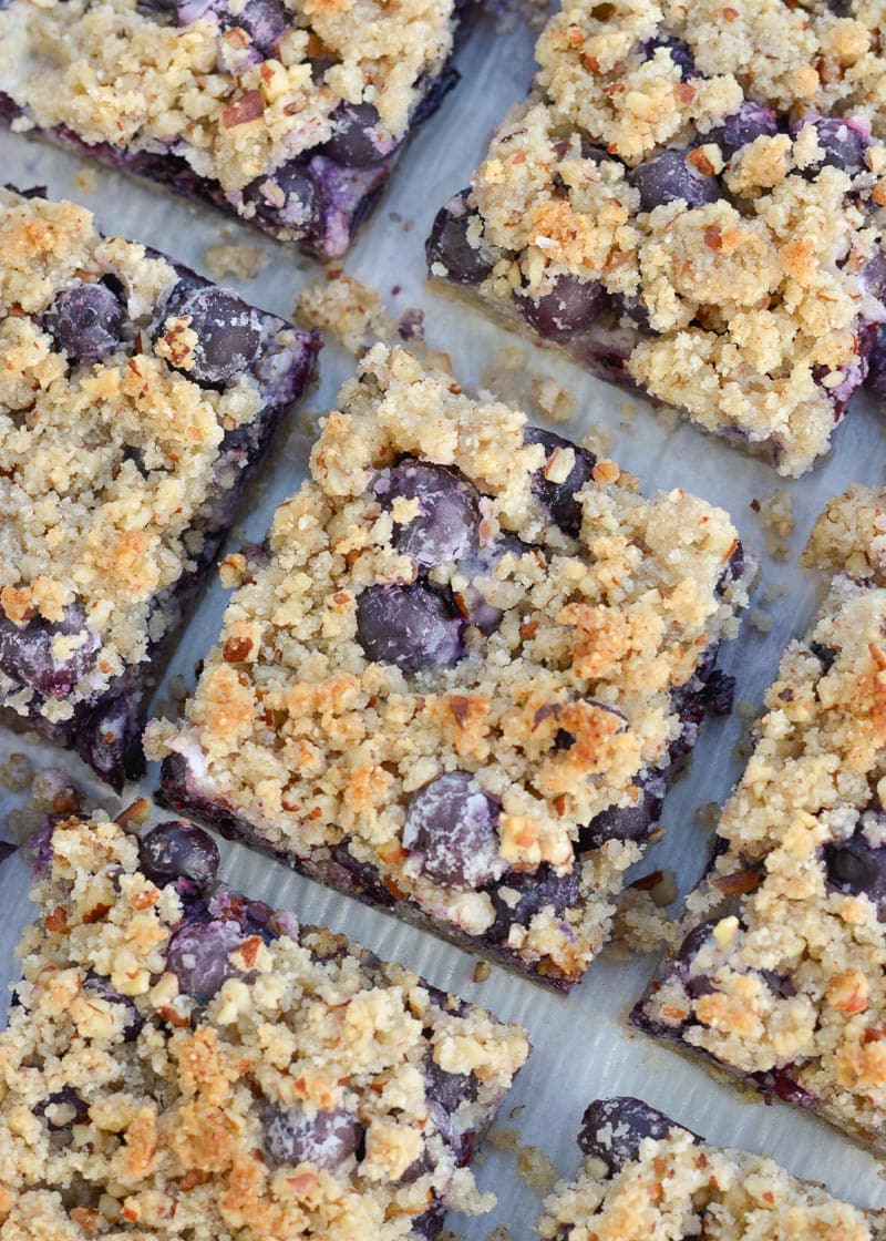 Overhead view of low carb blueberry bars cut into slices. 