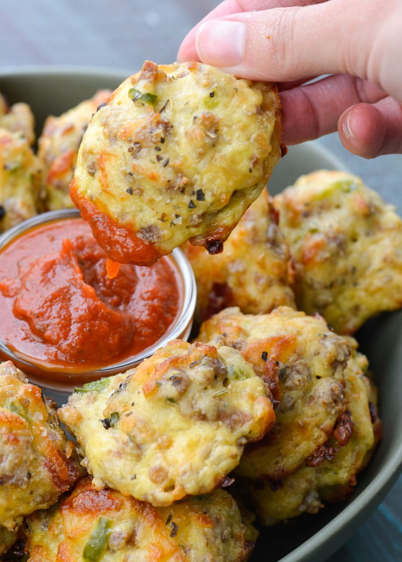 Try these Supreme Pizza Puffs loaded with sausage, pepperoni, bell pepper, onion and cheese! These keto pizza bites are about 1 net carb each making them a great dinner or easy appetizer! 