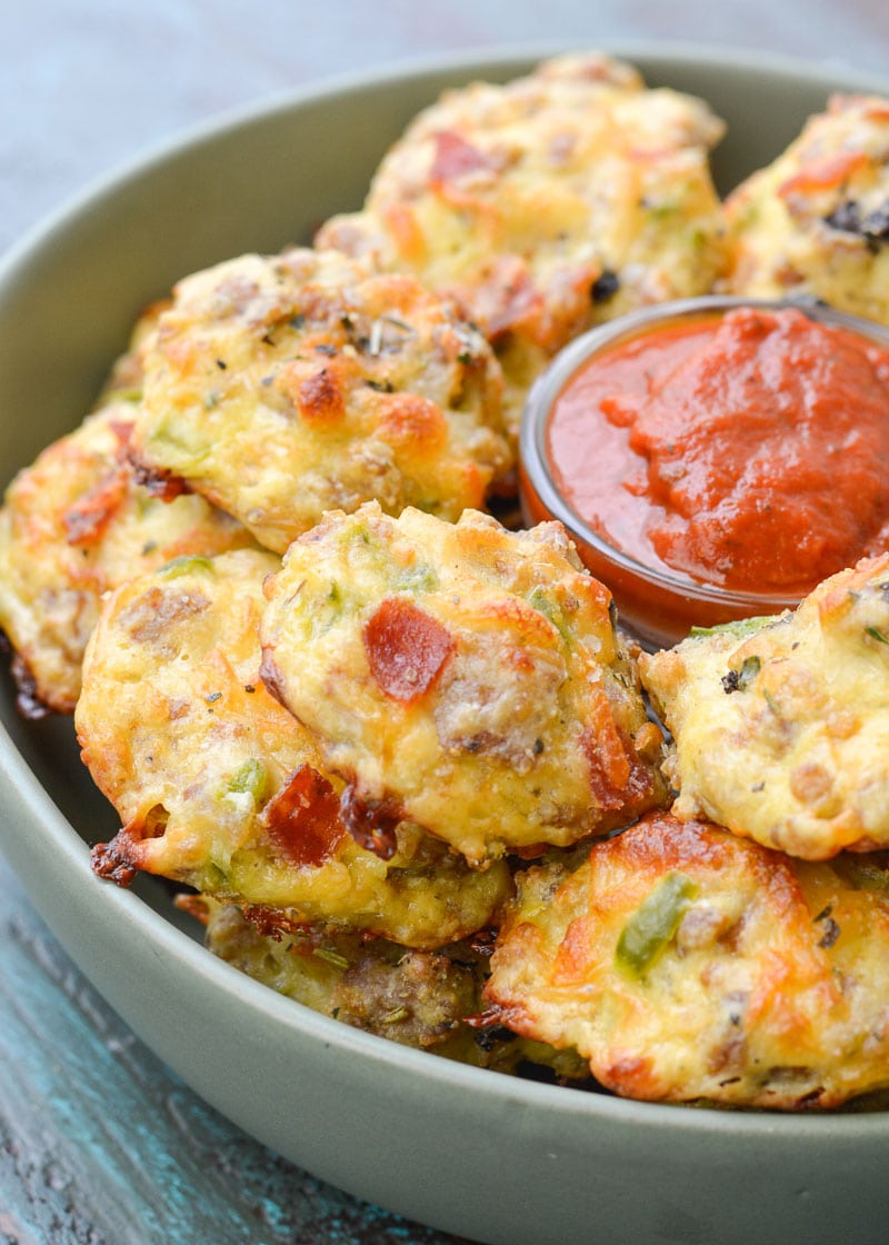 Try these Supreme Pizza Puffs loaded with sausage, pepperoni, bell pepper, onion and cheese! These keto pizza bites are about 1 net carb each making them a great dinner or easy appetizer! 