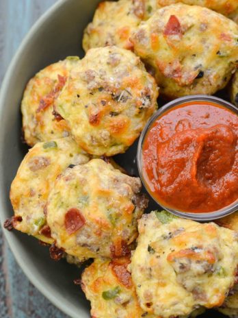 Try these Supreme Pizza Puffs loaded with sausage, pepperoni, bell pepper, onion and cheese! These keto pizza bites are about 1 net carb each making them a great dinner or easy appetizer! 