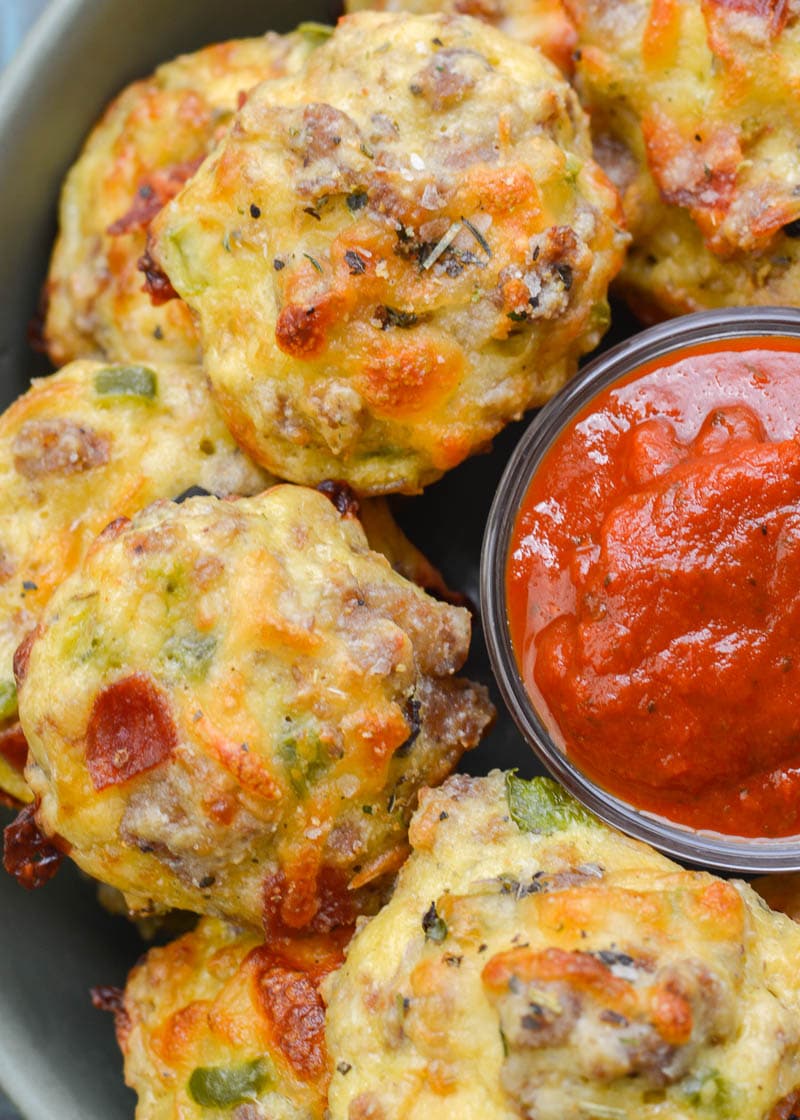 Try these Supreme Pizza Puffs loaded with sausage, pepperoni, bell pepper, onion and cheese! These keto pizza bites are about 1 net carb each making them a great dinner or easy appetizer! 