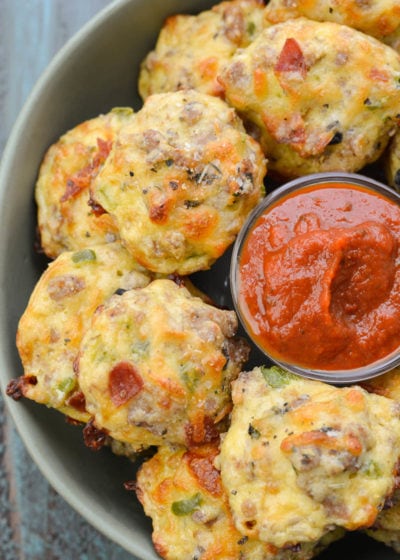 Try these Supreme Pizza Puffs loaded with sausage, pepperoni, bell pepper, onion and cheese! These keto pizza bites are about 1 net carb each making them a great dinner or easy appetizer! 