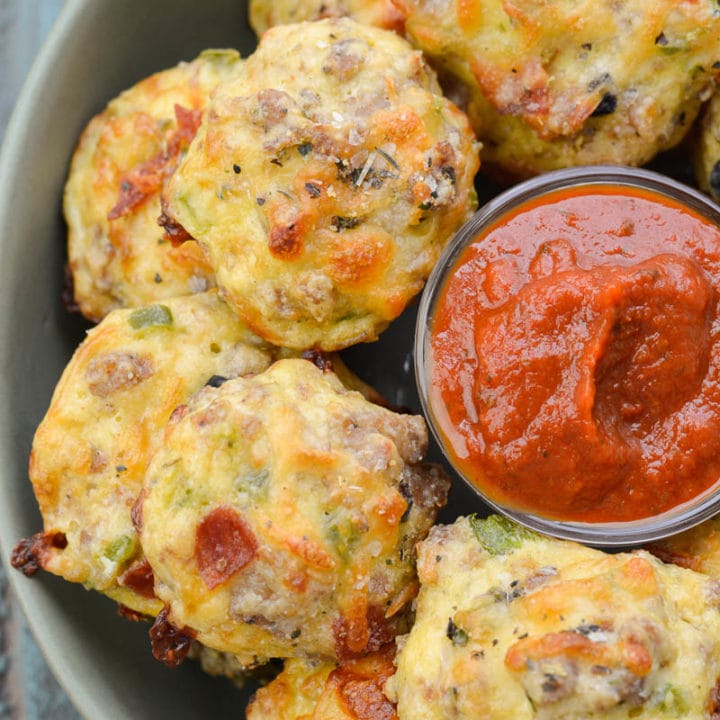 Try these Supreme Pizza Puffs loaded with sausage, pepperoni, bell pepper, onion and cheese! These keto pizza bites are about 1 net carb each making them a great dinner or easy appetizer! 