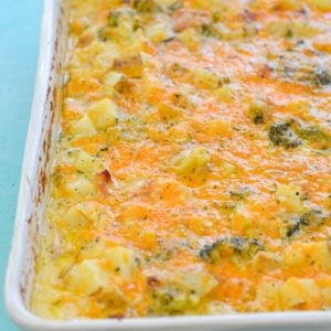 This Cheesy Potato, Broccoli and Ham Bake is the perfect comfort food! This recipe is an excellent way to use up leftover ham for a quick and easy meal! 