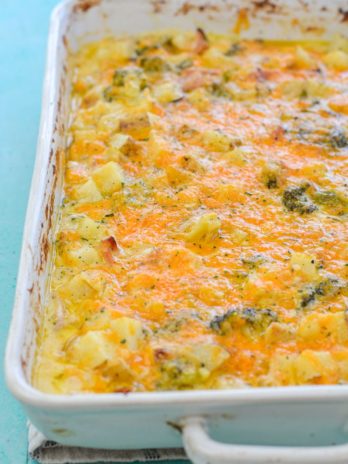 This Cheesy Potato, Broccoli and Ham Bake is the perfect comfort food! This recipe is an excellent way to use up leftover ham for a quick and easy meal! 