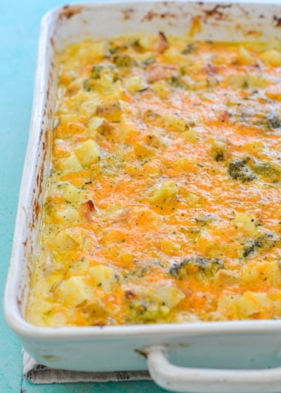 This Cheesy Potato, Broccoli and Ham Bake is the perfect comfort food! This recipe is an excellent way to use up leftover ham for a quick and easy meal! 