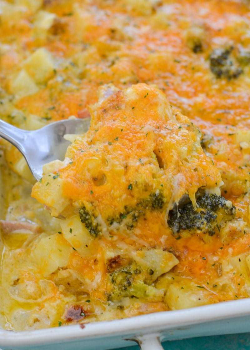 This Cheesy Potato, Broccoli and Ham Bake is the perfect comfort food! This recipe is an excellent way to use up leftover ham for a quick and easy meal! 