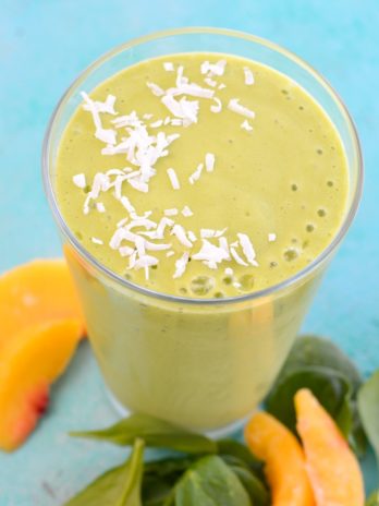 Start your day with a nutritious Mango and Peach Green Smoothie! This smoothie is loaded with frozen fruit and greens for a wholesome drink!
