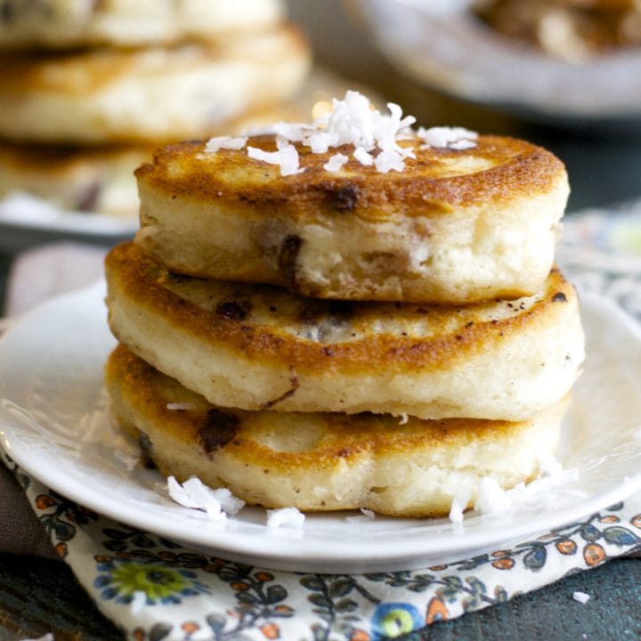 Magic Pancakes! Super fluffy pancakes packed with chocolate, coconut and pecans! BEST breakfast ever!
