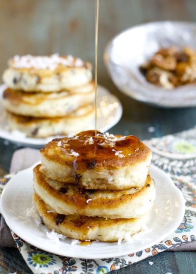 Magic Pancakes! Super fluffy pancakes packed with chocolate, coconut and pecans! BEST breakfast ever!