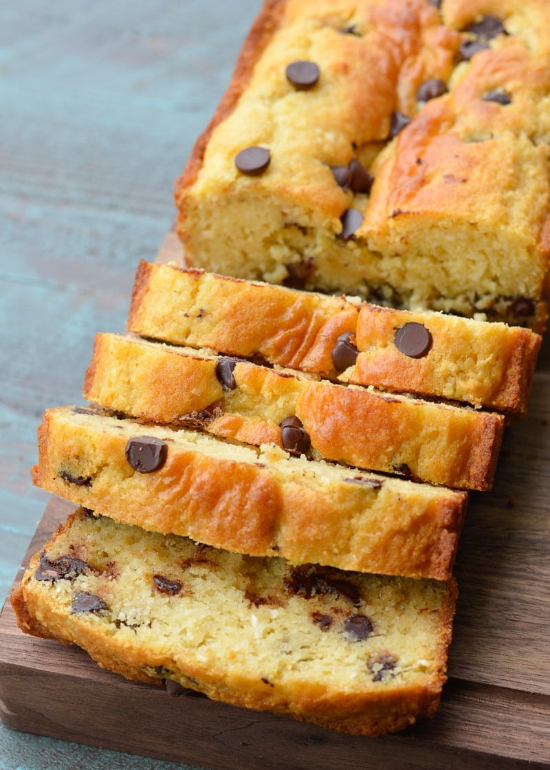 This gluten free Chocolate Chip Cookie Bread is loaded with brown sugar, vanilla and dark chocolate chips. It is an easy quick bread recipe you will love!