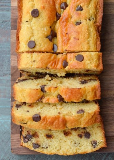 This gluten free Chocolate Chip Cookie Bread is loaded with brown sugar, vanilla and dark chocolate chips. It is an easy quick bread recipe you will love!