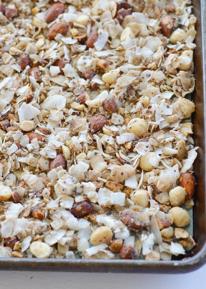 Toasted Coconut Granola is the perfect low carb, keto-friendly snack! Packed with coconut flakes, almonds, macadamia nuts, cinnamon and vanilla, this is a treat you will love! 