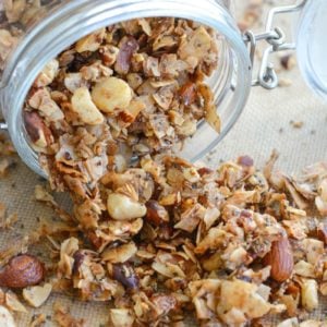 Toasted Coconut Granola is the perfect low carb, keto-friendly snack! Packed with coconut flakes, almonds, macadamia nuts, cinnamon and vanilla, this is a treat you will love! 