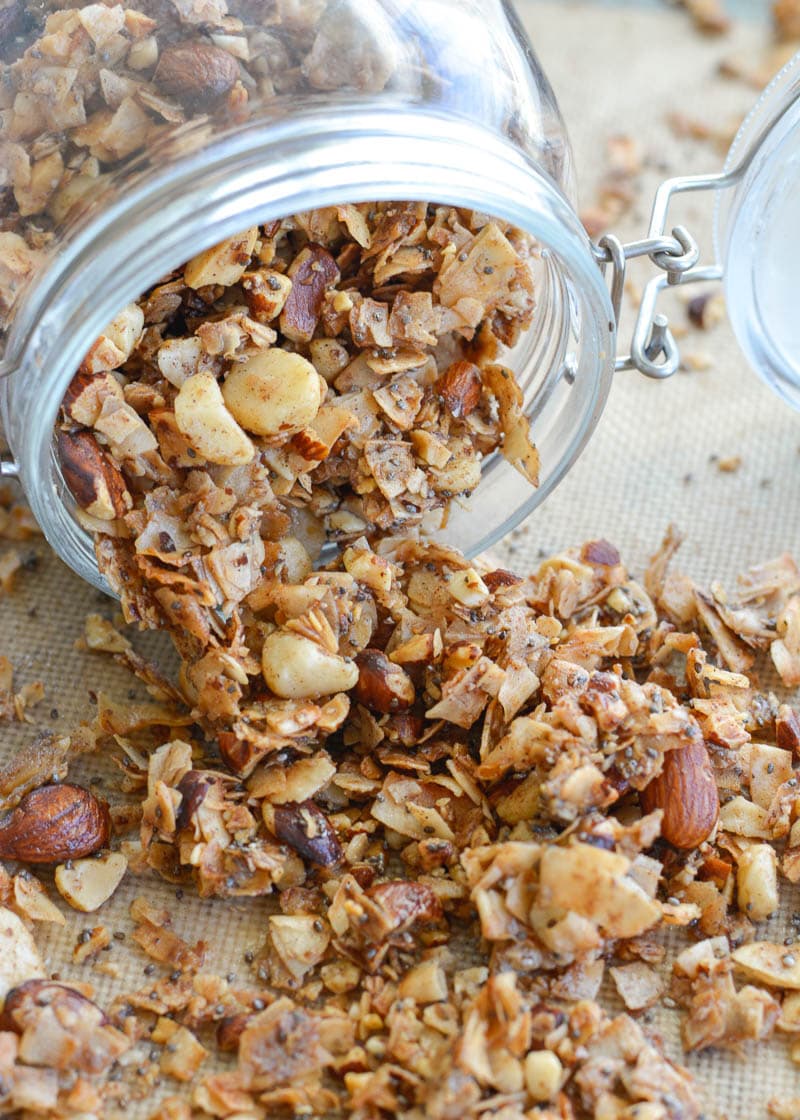 Toasted Coconut Granola is the perfect low carb, keto-friendly snack! Packed with coconut flakes, almonds, macadamia nuts, cinnamon and vanilla, this is a treat you will love! 