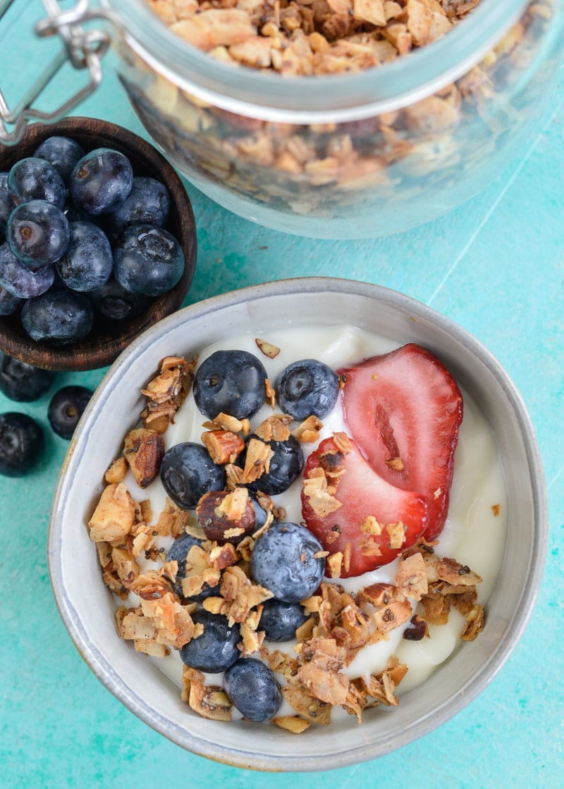 Toasted Coconut Granola is the perfect low carb, keto-friendly snack! Packed with coconut flakes, almonds, macadamia nuts, cinnamon and vanilla, this is a treat you will love! 