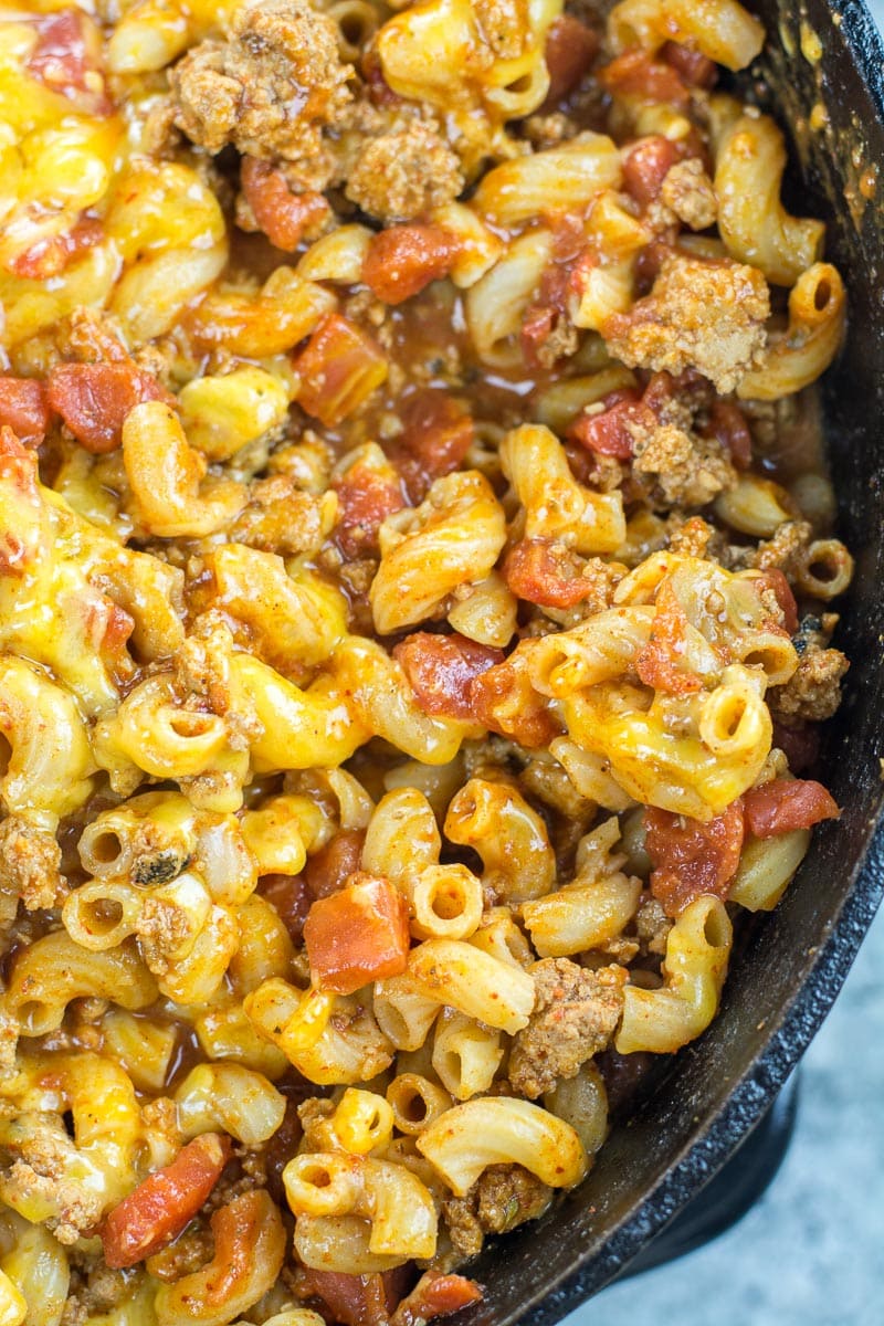 overhead close up of chili mac in a skillet 