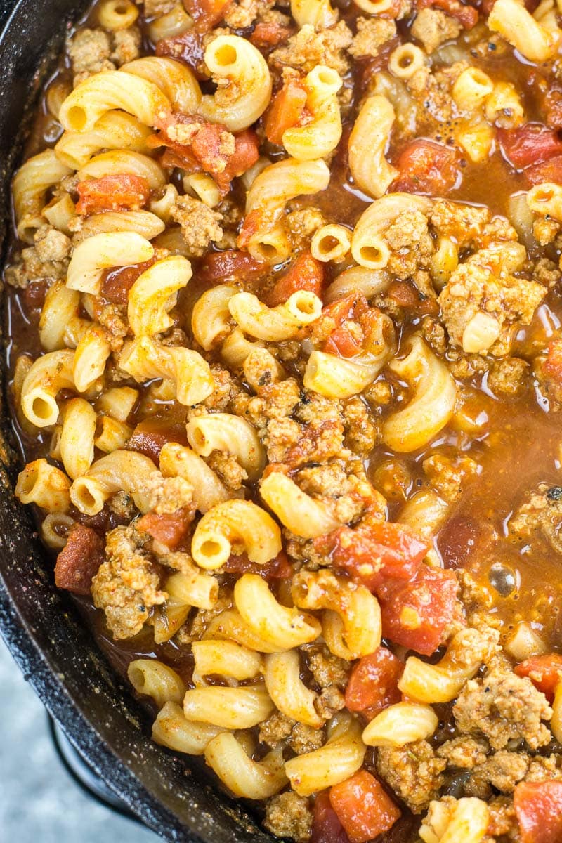 close up overview view of a skillet of homemade chili mac