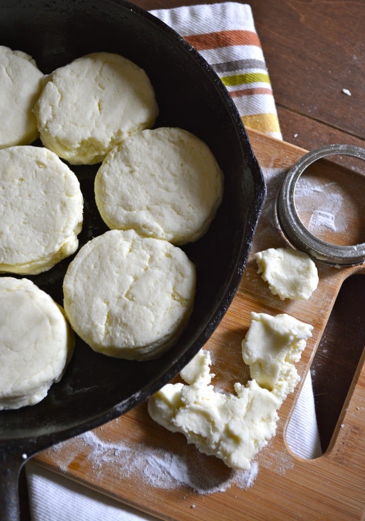 unbaked gluten free buttermilk biscuits in a cast iron skillet 