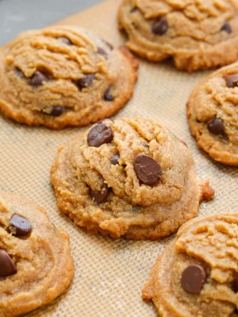 These flourless peanut butter cookies are packed with dark chocolate chips and perfectly soft and chewy. Naturally gluten-free, and about 3 net carbs each! 