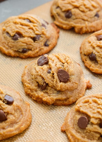 These flourless peanut butter cookies are packed with dark chocolate chips and perfectly soft and chewy. Naturally gluten-free, and about 3 net carbs each! 