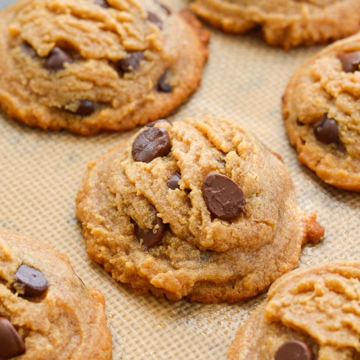 These flourless peanut butter cookies are packed with dark chocolate chips and perfectly soft and chewy. Naturally gluten-free, and about 3 net carbs each! 