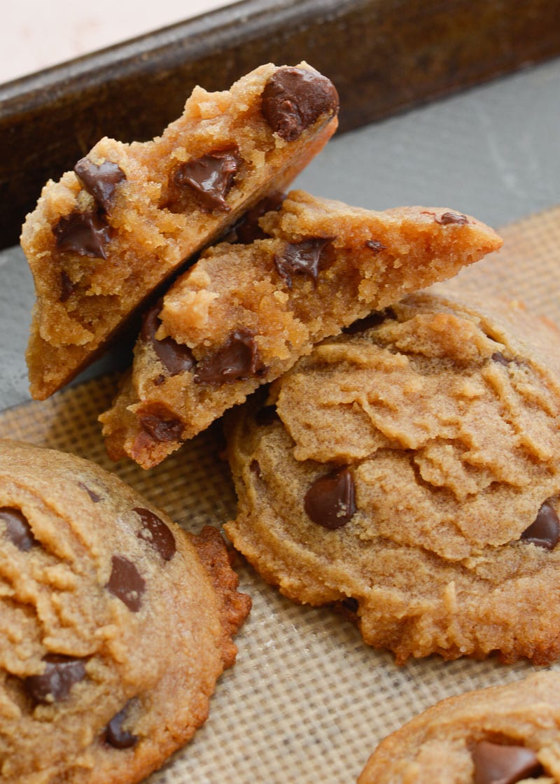 These flourless peanut butter cookies are packed with dark chocolate chips and perfectly soft and chewy. Naturally gluten-free, and about 3 net carbs each! 