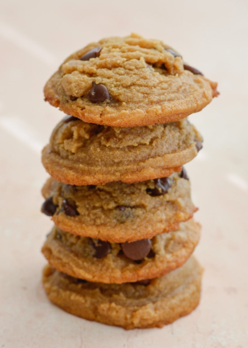 These flourless peanut butter cookies are packed with dark chocolate chips and perfectly soft and chewy. Naturally gluten-free, and about 3 net carbs each! 