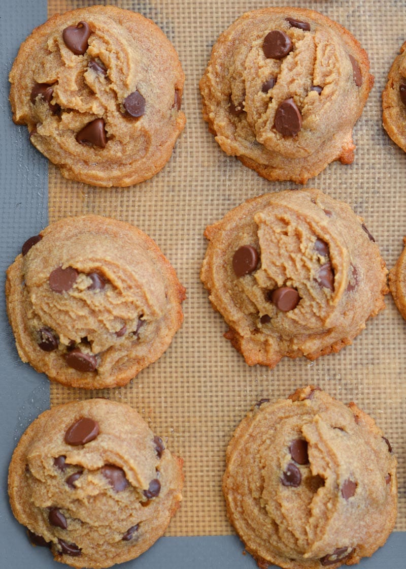 These flourless peanut butter cookies are packed with dark chocolate chips and perfectly soft and chewy. Naturally gluten-free, and about 3 net carbs each! 