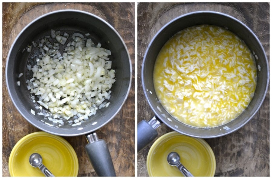 photo collage showing how to make broccoli cheese rice casserole