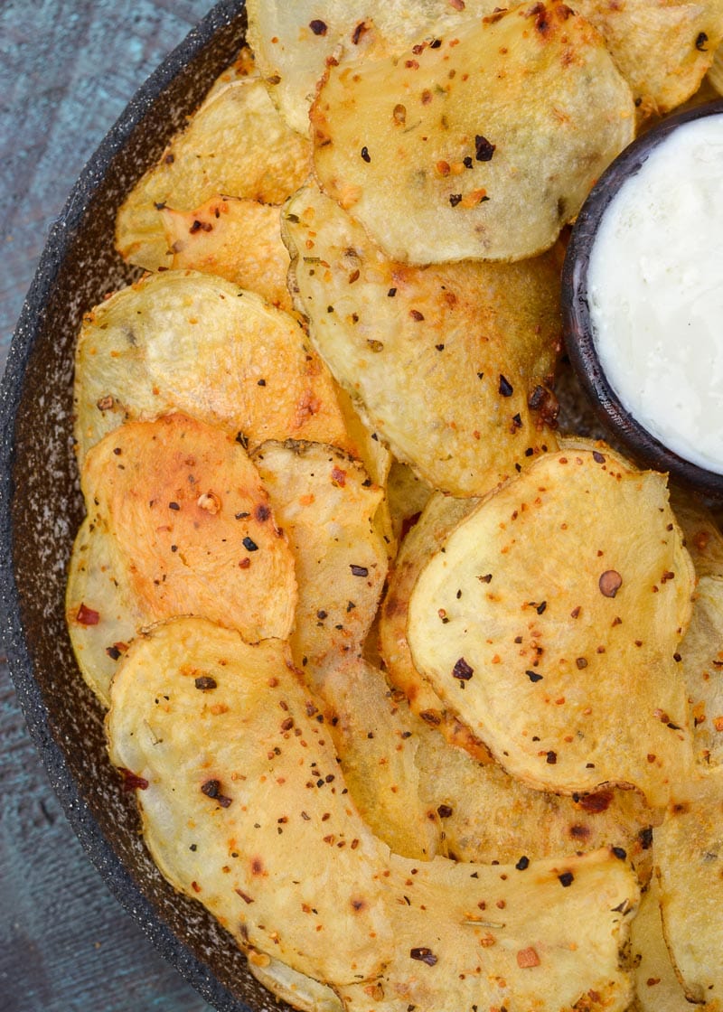 closeup view showing crispy, golden brown buffalo chips