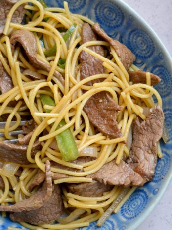 Easy steak lo mein in a bowl with gluten-free noodles