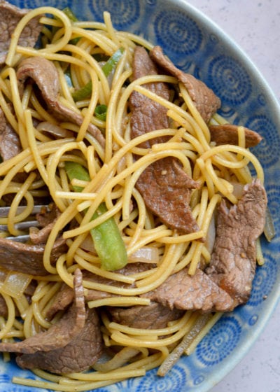 Easy steak lo mein in a bowl with gluten-free noodles