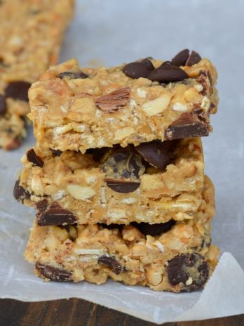 This easy Grain Free Granola Bar recipe is the perfect no bake snack! Loaded with fruit, nuts and protein rich peanut butter this is the perfect heathy snack! 