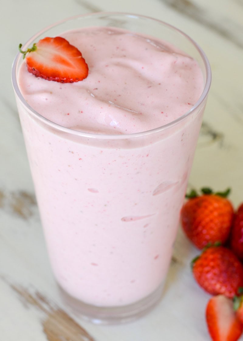 a photo of a glass of strawberry banana smoothie
