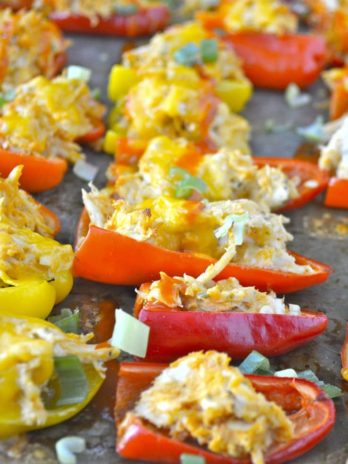 Buffalo Chicken Stuffed Sweet Peppers, an easy, cheap, weeknight meal your whole family will love! This is SO good!