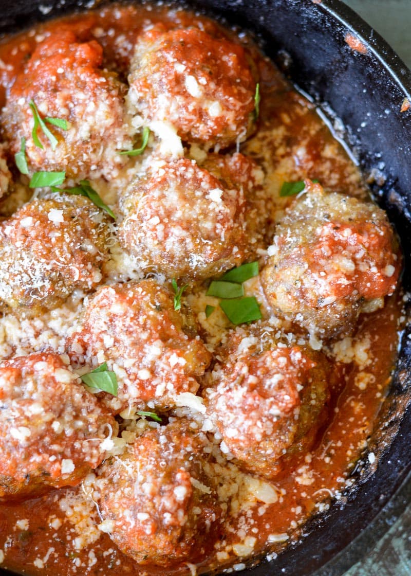 Keto meatballs are smothered in low carb marinara and parmesan for an easy low carb appetizer or meal. 