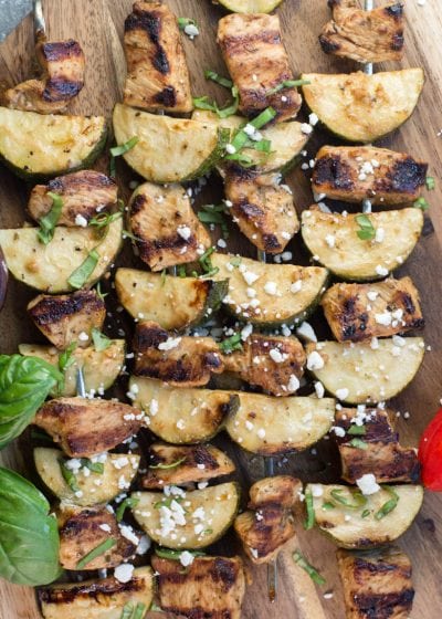 These Easy Grilled Chicken and Zucchini Skewers are keto, low carb and gluten free! These summer kabobs are perfect on their own or on top of a big greek salad! #keto #mealprep