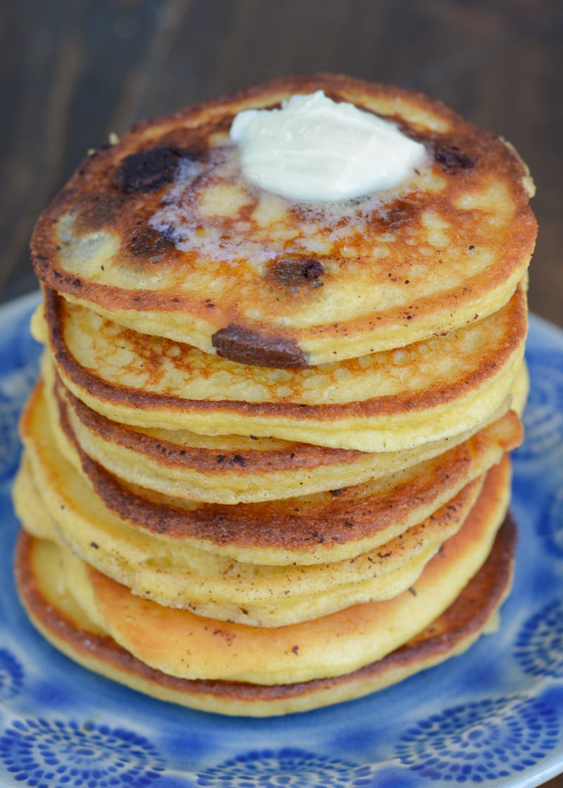 These Chocolate Chip Protein Pancakes are lightened up and healthier than traditional pancakes! 