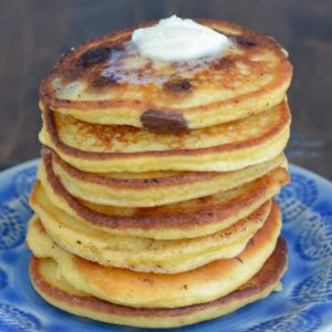 These Chocolate Chip Protein Pancakes are lightened up and healthier than traditional pancakes! 