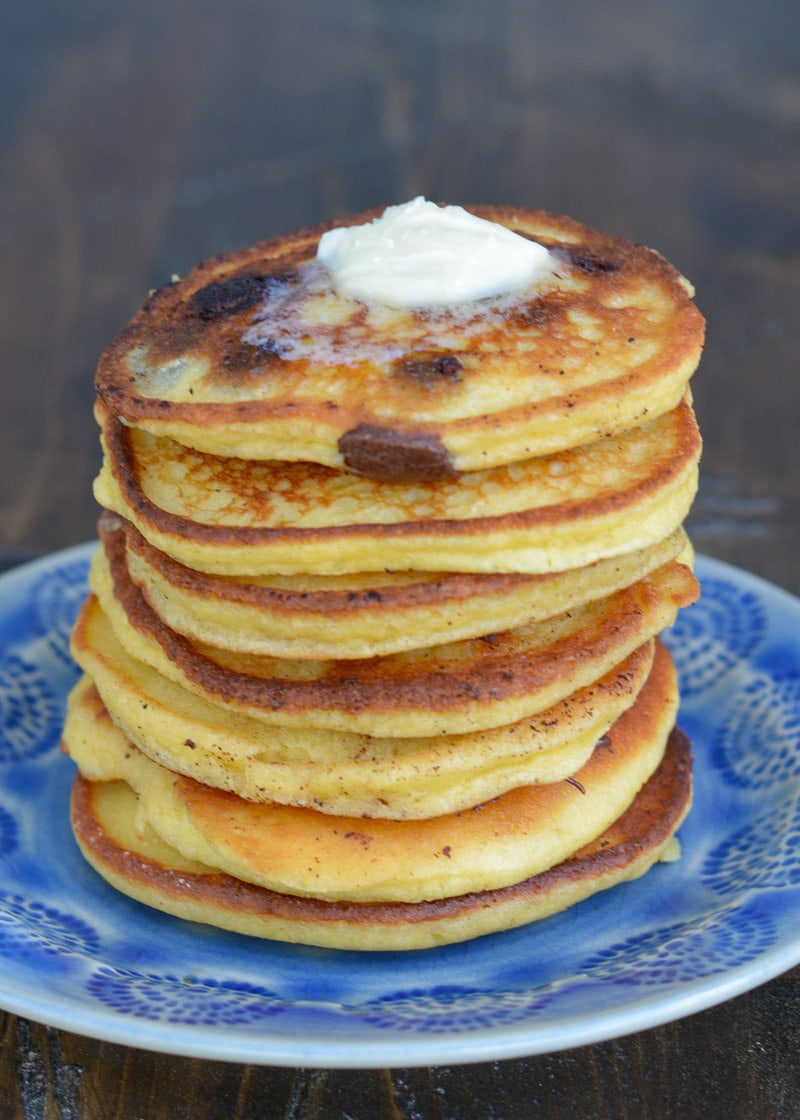 These Chocolate Chip Protein Pancakes are lightened up and healthier than traditional pancakes! 