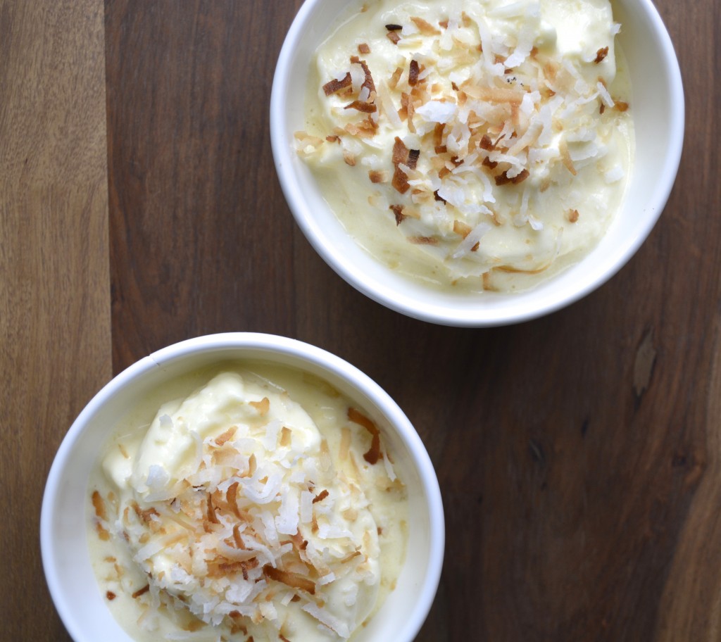 This Pina Colada Soft Serve Ice Cream is a vacation in a bowl! Five ingredients and 30 seconds are all you need to make this perfectly sized snack for two people!