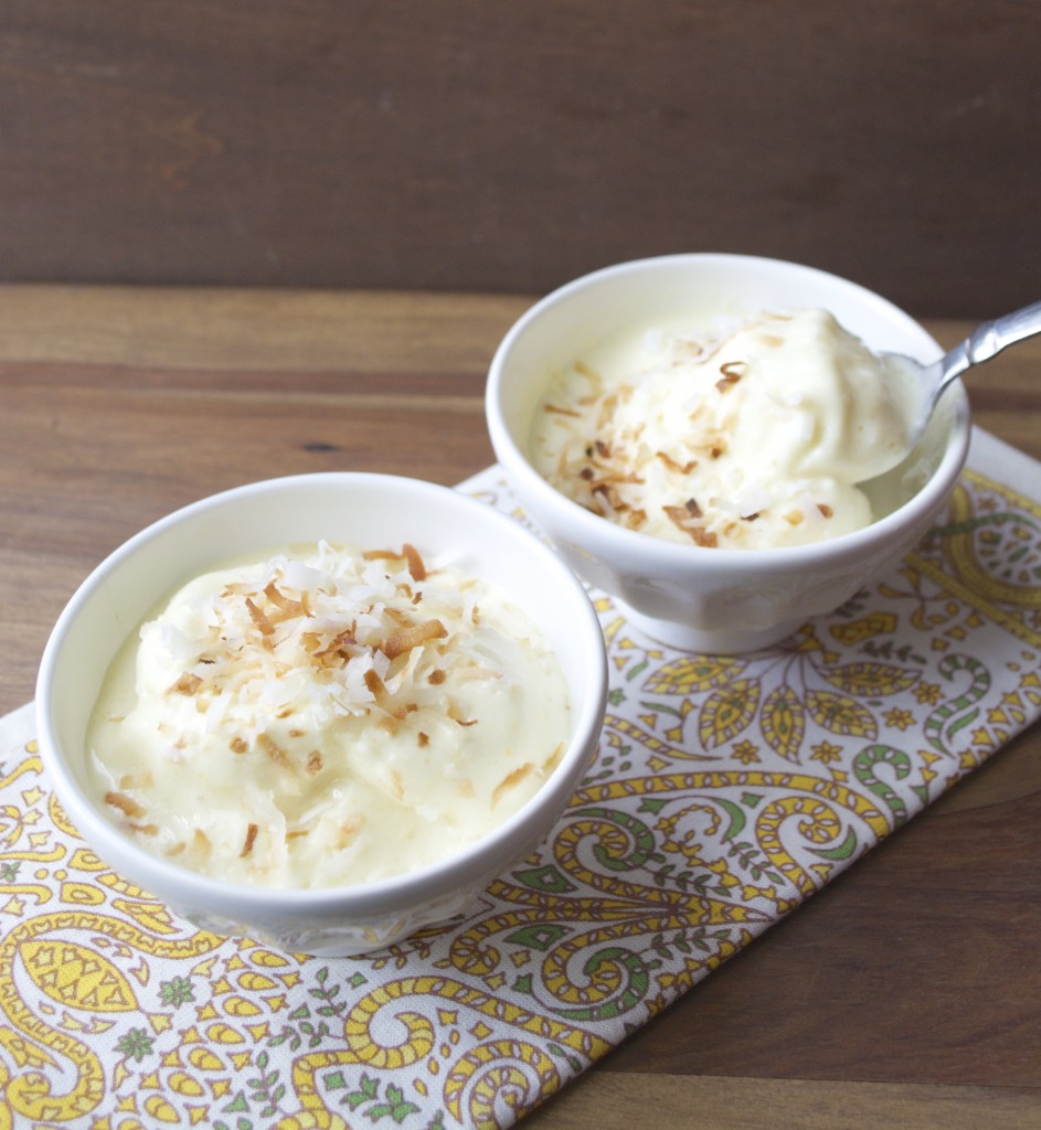 This Pina Colada Soft Serve Ice Cream is a vacation in a bowl! Five ingredients and 30 seconds are all you need to make this perfectly sized snack for two people!