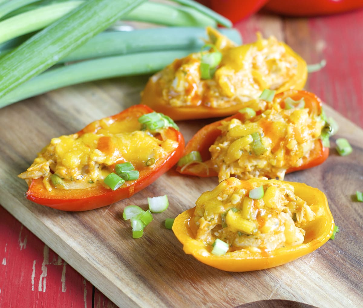 uffalo Chicken Stuffed Sweet Peppers are packed with creamy ranch, tangy buffalo sauce and loads of cheese! A perfect easy party appetizer!