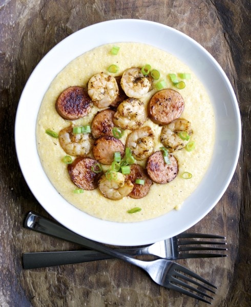 Andouille Sausage + Jerk Shrimp and Cheddar Grits